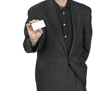 Business man handing a blank business card over white background