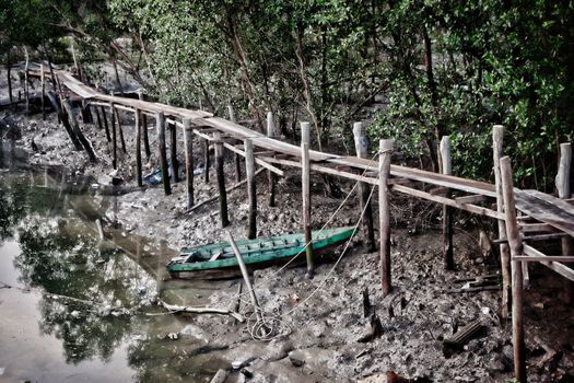 dirty old rowboat in the mud and magroves