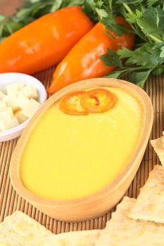 Peruvian Huancaina Sauce (spicy cheese sauce) made of cheese, soda crackers, aji (Peruvian hot chili) and milk in a wooden bowl (Selective Focus, Focus on the front of the aji slices on the sauce) 