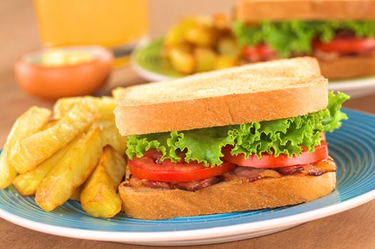 Fresh homemade BLT (bacon lettuce and tomato) sandwich with French fries on plate with juice in the back (Selective Focus, Focus on the front of the sandwich) 