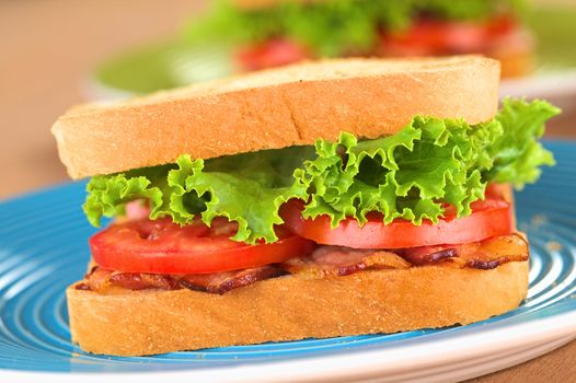 Fresh homemade BLT (bacon lettuce and tomato) sandwich on blue plate (Selective Focus, Focus on the front of the first sandwich) 