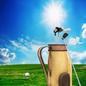 Golf equipment and ball on golf course. Sunny landscape. 3d model
