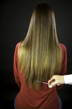 Hairdresser cuts long female model ruined hair