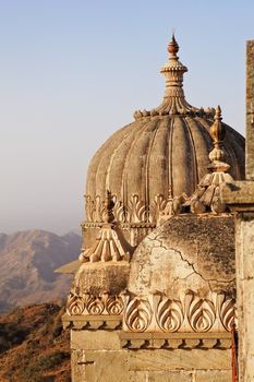 Sunset about to fall over the domes on the guest rooms to the royal visitors of Kumbhalghar Fort Rajasthan India