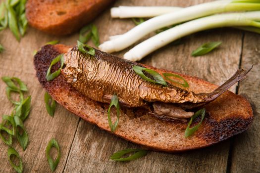 Tasty sprat on the toasted bread with onion