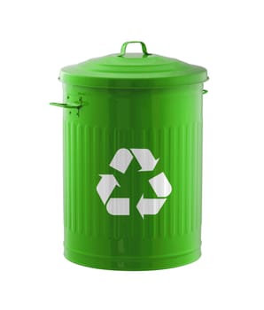 recycle concept:  green garbage bin in galvanized  isolated on white background