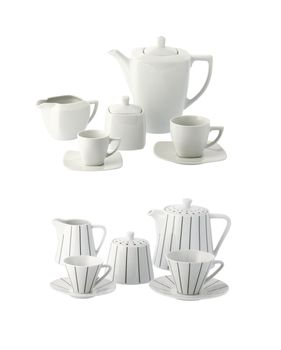 white porcelain tea set, isolated on white background