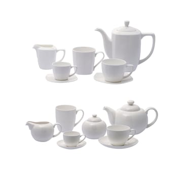 white porcelain tea set, isolated on white background