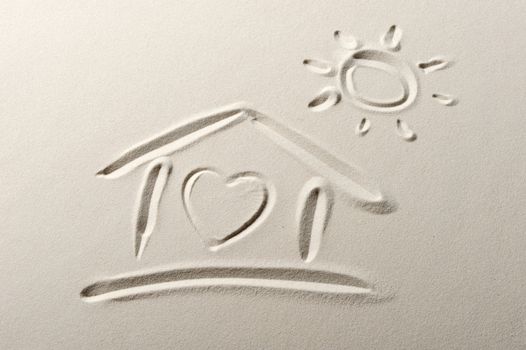 Beach background with home and heart drawing