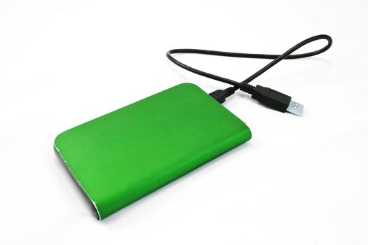 green External hard disk on white background