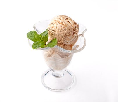 Chocolate ice cream in a glass with mint