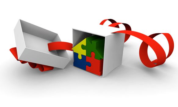 House symbol made of four colorful puzzle pieces inside gift box