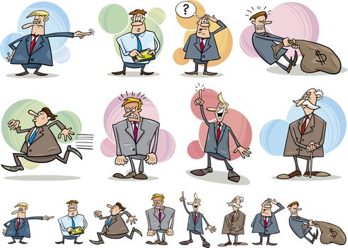 cartoon illustration of funny businessmen in different situations
