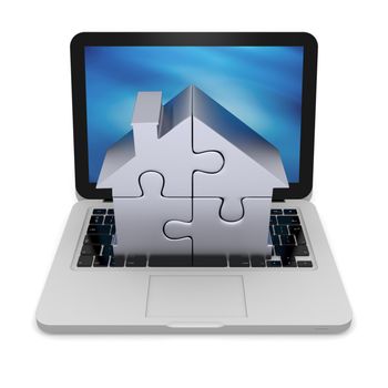 House symbol made of four silver puzzle pieces on laptop