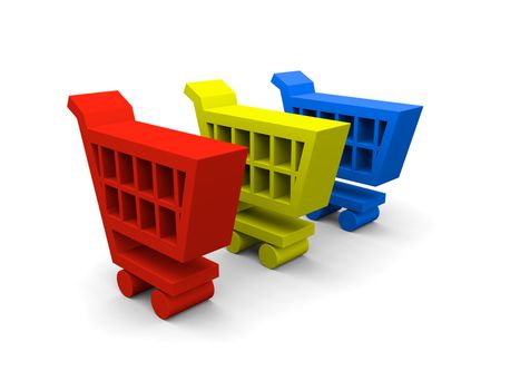 3D illustration of colorful shopping trolley symbols on white background