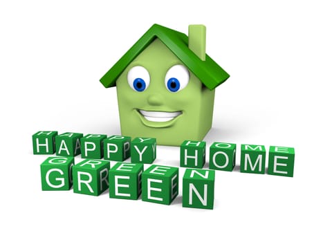 Illustration of smiling green house with sign "green home"