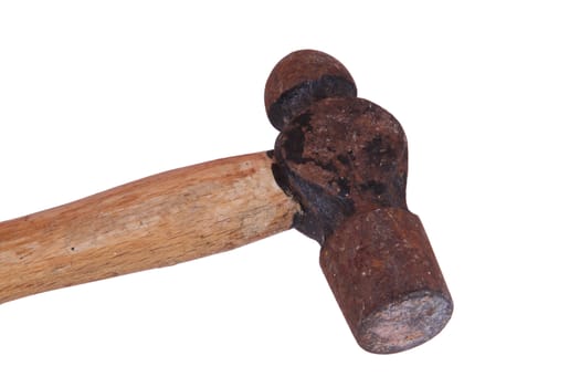 Old, rusty hammer on a white background.