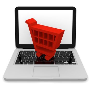 3D illustration of shopping trolley symbol on a laptop