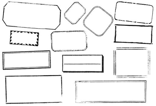 A variety of twelve blank, rectangular stamps. Black, isolated on white. Ideal for bitmap brushes, retro collages, etc.
