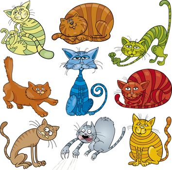 cartoon illustration of funny nine cats set