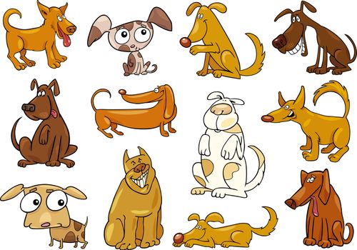 cartoon illustration of funny different dogs set