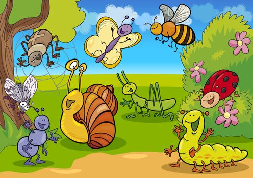 cartoon illustration of funny insects on the meadow