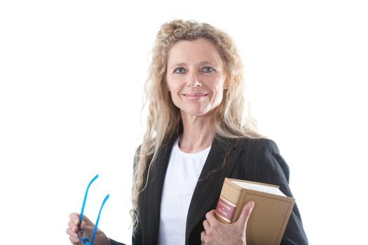 Female lawyer with glasses and law book
