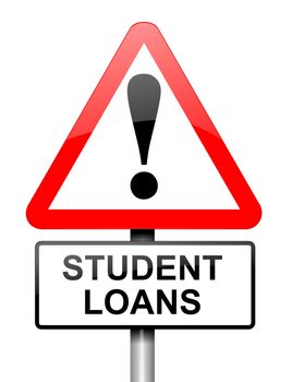 Illustration depicting a red and white triangular warning sign with a student loans concept. White background.