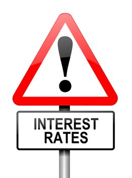 Illustration depicting a red and white triangular warning sign with an interest rates concept. White background.
