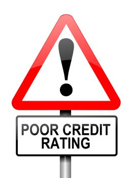 Illustration depicting a red and white triangular warning sign with a credit rating concept. White background.