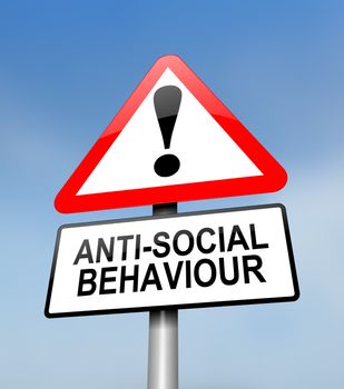 Illustration depicting a red and white triangular warning sign with a anti social behaviour concept. Blurred sky background.
