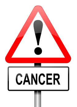 Illustration depicting a red and white triangular warning sign with a cancer warning concept. White background.