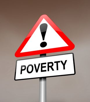 Illustration depicting a red and white triangular warning sign with a poverty concept.Dark blurred sky background.