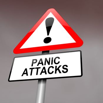 Illustration depicting a red and white triangular warning sign with a panic attack concept. Blurred dark sky background.