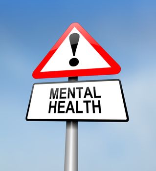 Illustration depicting a red and white triangular warning sign with a mental health concept. Blurred sky background.