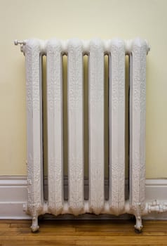 Ornate, antique heat radiator.