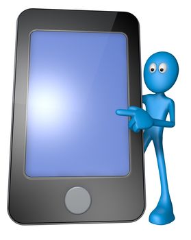 blue guy behind smartphone - 3d illustration