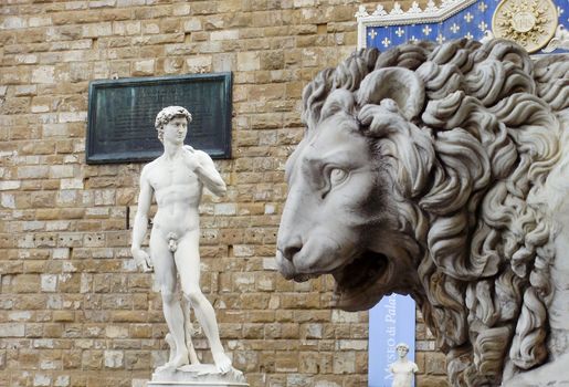Michelangelo's David and the lion in Piazza della Signoria in Florence, Italy.