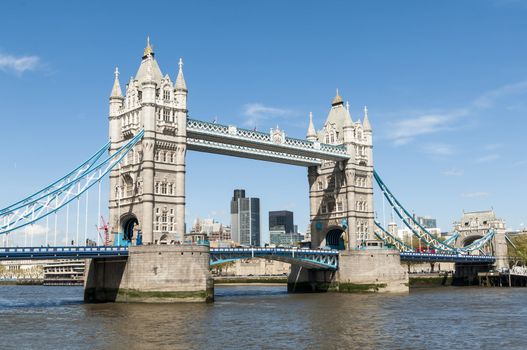 LONDON, UK - APRIL 30: Side shot of Tower Bridge. April 30, 2012 in London. The iconic bridge was completed in 1894.