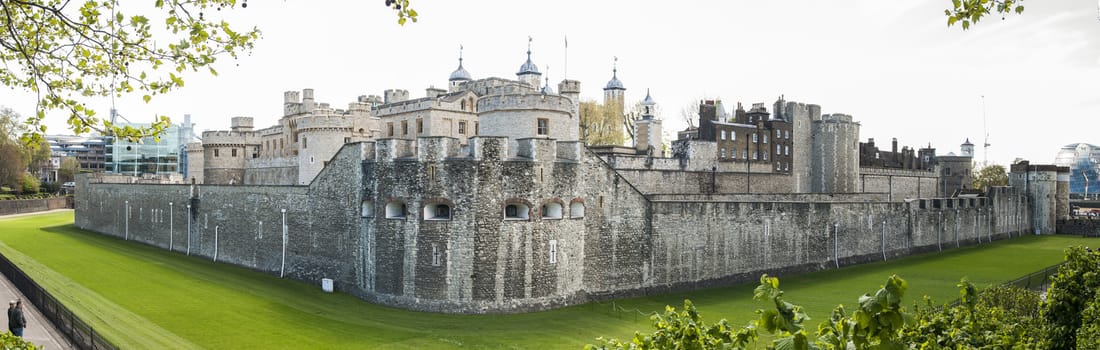 LONDON, UK - APRIL 30: Panoramic shot of the Tower of London. April 30, 2012 in London. The fortress dates back from the 1070s.