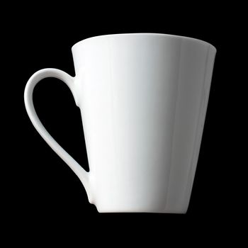 Blank white coffee cup isolated over a black background.