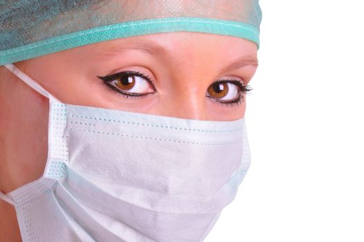 Closeup portrait of a female surgeon isolated in white