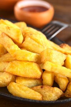 Fresh crispy homemade French fries on metallic plate with ketchup (Selective Focus, Focus one third into the fries)