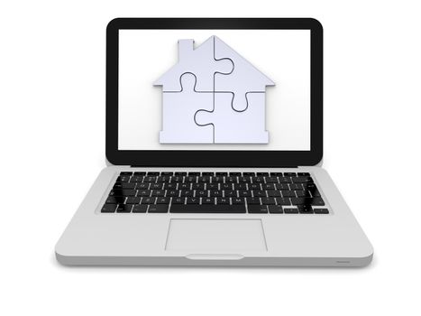 Silver house symbol made of four puzzle pieces on laptop screen