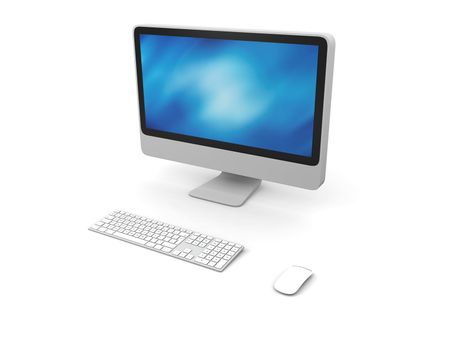 3D illustration of modern desktop computer with wireless keyboard and mouse
