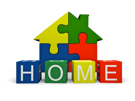 House symbol made of four colorful puzzle pieces and "home" sign