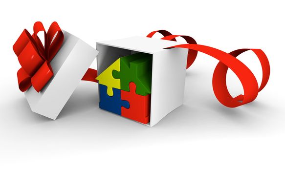 House symbol made of four colorful puzzle pieces inside gift box