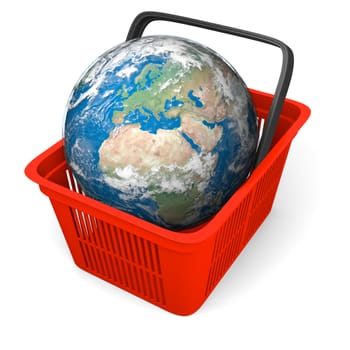 Illustration of Earth in red plastic shopping basket. Texture of the Earth surface, relief and clouds provided by visibleearth.nasa.gov