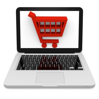 3D illustration of shopping trolley symbol on laptop screen