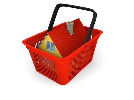 3D illustration of red plastic shopping basket with model of house inside